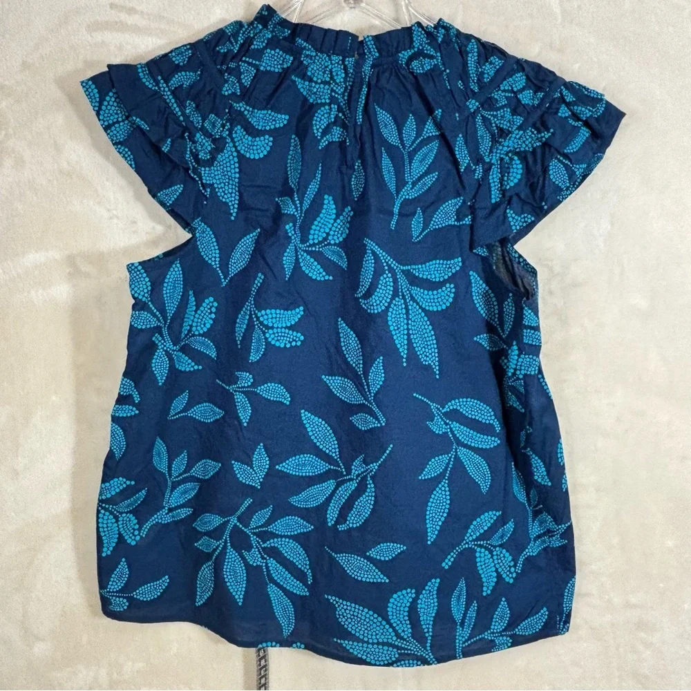 J. Crew Women’s Navy and Aqua Leaf Print Ruffled Sleeveless Top Size M